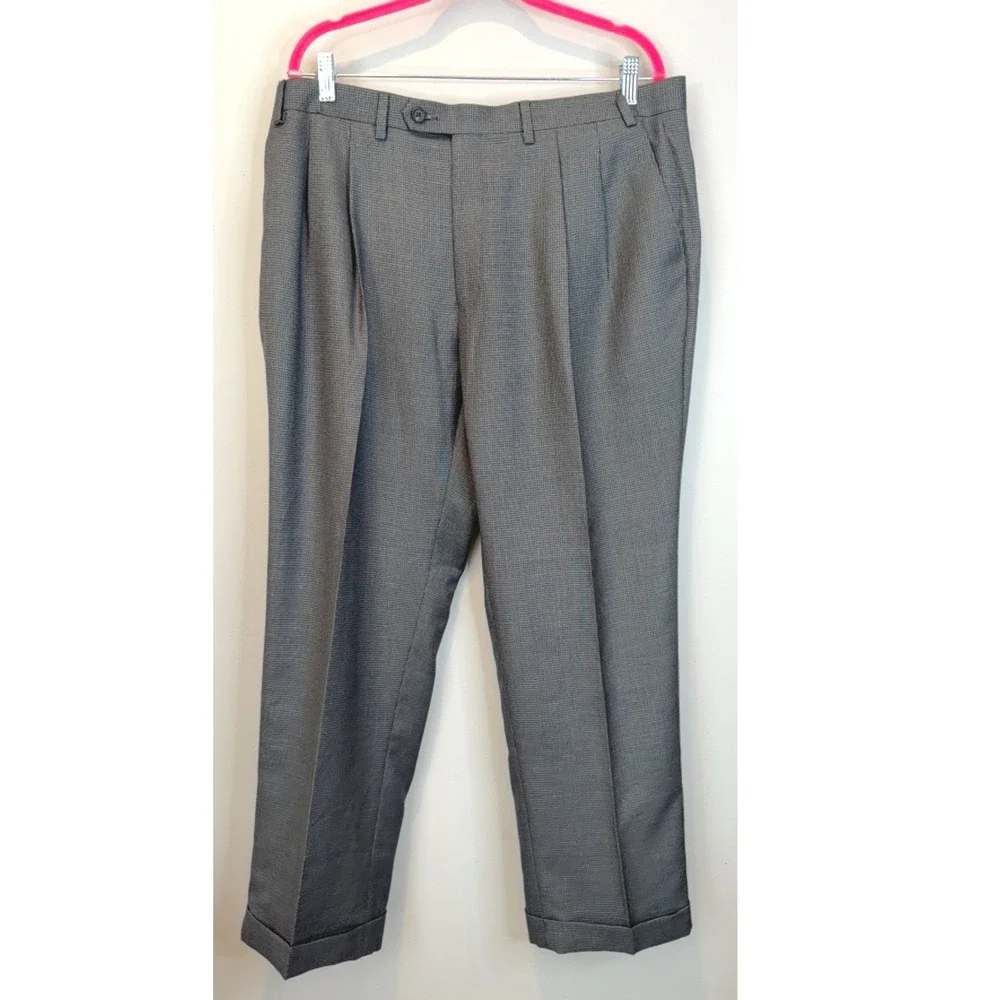 Ralph Ralph Lauren Mens Gray Micro Check Pleated Cuffed Dress Pants 38W‎ x 29L